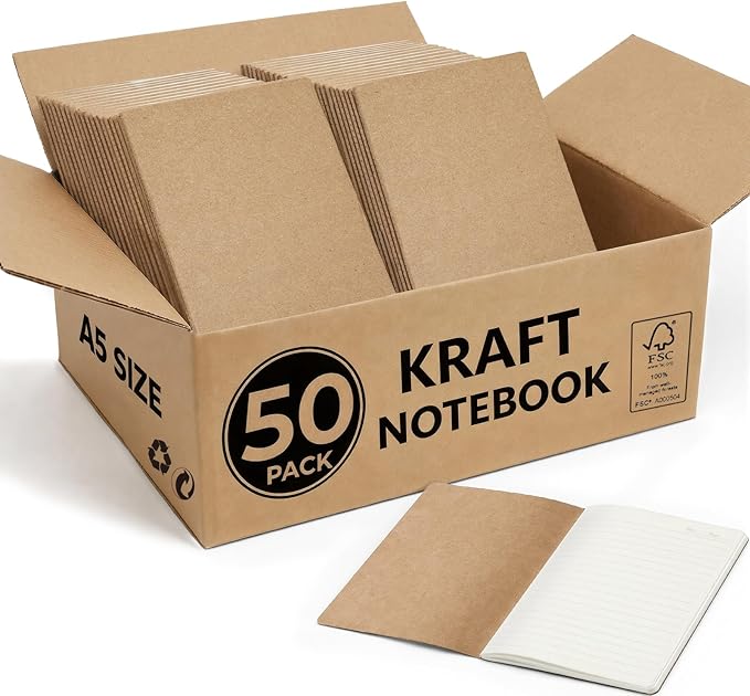 50 Pack Kraft Notebooks Bulk A5, 60 Pages Lined Ruled Journals, 8.3x5.5 Inches by Foliom