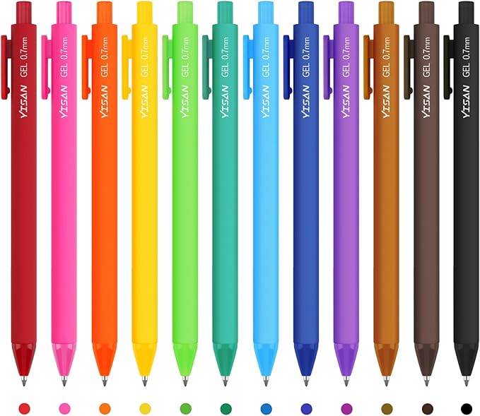 YISAN Colored Gel Pens, 12 Colors, 0.7mm Fine Point, Fast Dry, No Bleed | by YISAN