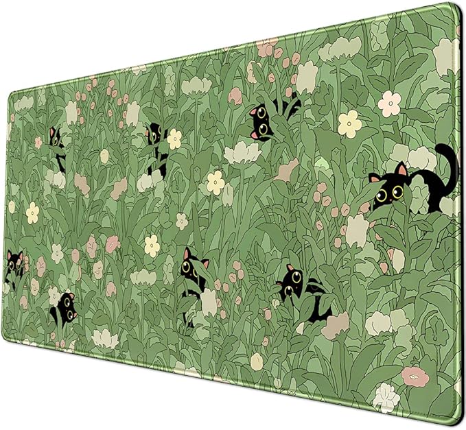 Green Desk Mat XL Cat Cute Plant Cool Desk Pad Keyboard Mat Kawaii Black Cat Flower Mouse Pad Green Desk Mat Desk Decor with Stitched Edges Non-Slip Large Computer Mat 31.5x15.7in-DeskLoop Office
