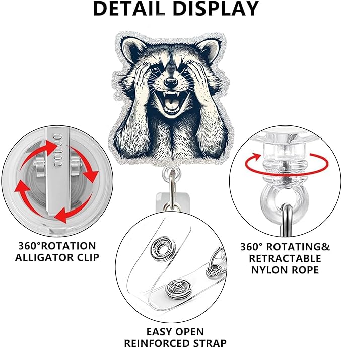 Cute Raccoon Retractable Reel Badge ID Card Clip Acrylic Badge Holder with 360°Rotation Rotundity Metal Alligator Clip Designs Nursing Name Tag for Nurse Doctor Office Worker Accessories-DeskLoop Office