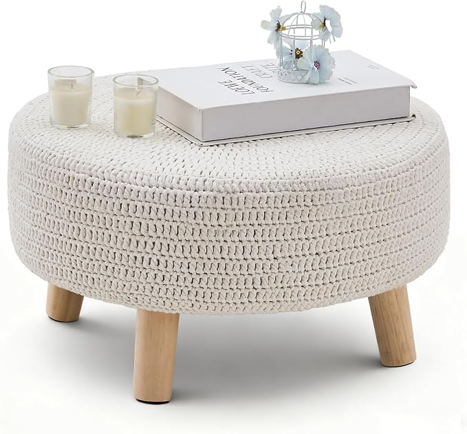 Wimarsbon Pouf Ottoman, 100% Cotton Knitted Boho Footstool, Round Footrest by Wimarsbon