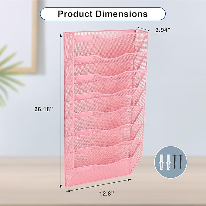 EASEPRES 8 Pocket Mesh Hanging Wall File Organizer, Wall Mounted Mail Paper Document Folder Holder, Clipboard Storage Organization Magazine Rack with Nametag Label for Office Home School, Pink-DeskLoop Office
