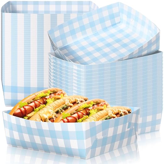 Suclain 36 Pack Light Blue and White Gingham Paper Trays 5 lb Grease Resistant by Suclain