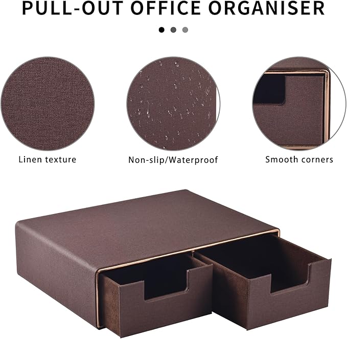 Linen Leather Desk Organizer and monitor stand with Drawers－Mini Desktop Drawer Organizer Stackable－Tabletop Organization Storage Box for Office Supplies Home Vanity Toiletries (Brown, 2-drawers)-DeskLoop Office