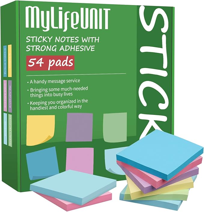 MyLifeUNIT Sticky Notes 3x3, Bulk Pack 54 Note Pads 5400 Sheets for Daily Reminder, Self-Stick Notes with 6 Assorted Colors-DeskLoop Office