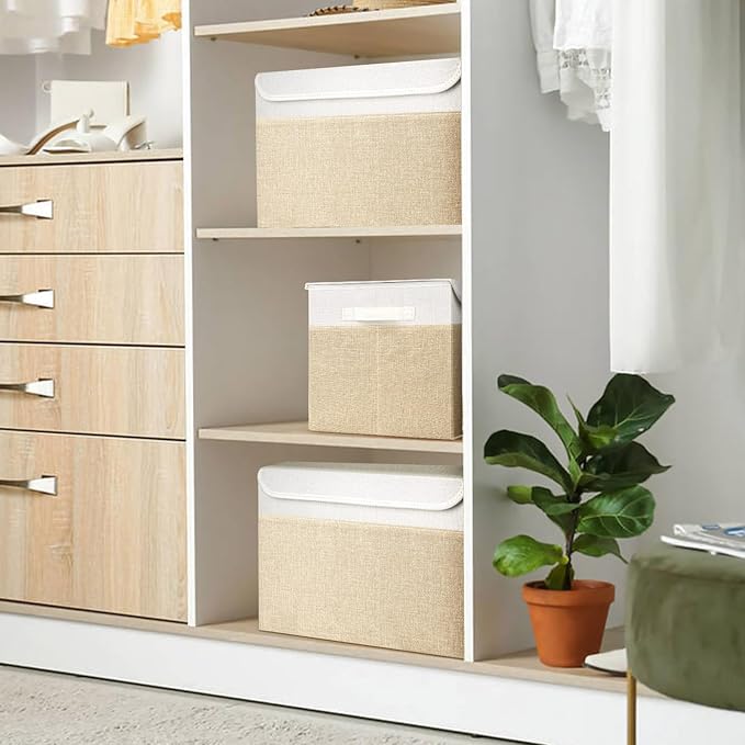 Large 22 Quart Linen Fabric Foldable Storage Bin Cube Organizer Basket with Flip-Top Lid & Handles, Clothes Blanket Box for Home, Office, Closet, Beige & White, 4 Pack 14.6 x 9.5 x 9.5”-DeskLoop Office