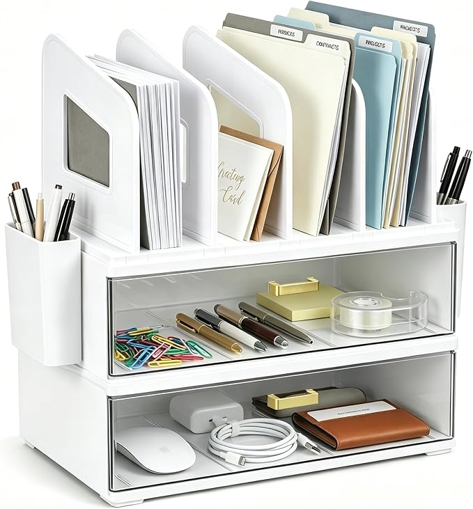 CiWiVOKi Desk Organizer with 4 File Slots and 2 Drawers, notebooks and office by CiWiVOKi