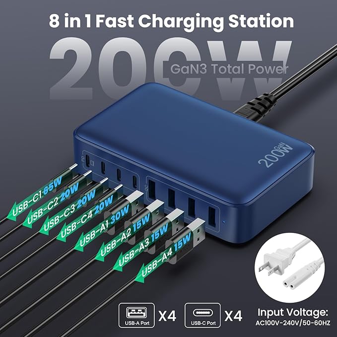 USB C Charger 200W USB C Charger Block,Upgraded GaN III 8-Port Fast Charging Station Hub,PD 65W Laptop Charging Adapter Compatible with MacBook Pro/Air,DELL,Steam Deck,iPhone 16/15/14,Galaxy S23/22-DeskLoop Office
