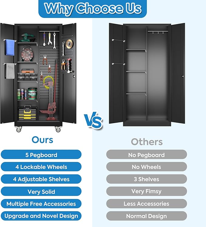 Garage Storage Cabinet with Wheels, Metal Tool Cabinet with Pegboards and 4 Adjustable Shelves, Garage Storage System with Lockable Door for Shools, Offices, Gyms and Pantries, Black-DeskLoop Office