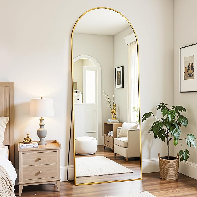 Full Length Mirror, 58"x21" Oversized Floor Mirror Freestanding, Full Body Mirror Floor Standing Mirrors with Stand, Hanging Mounted Mirrors for Bedroom Living Room, Gold, Arched Style-DeskLoop Office