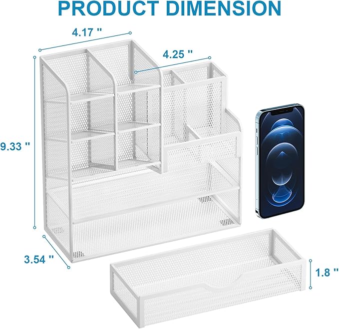 Marbrasse Mesh Pen Holder for Desk, Multi-Functional Pencil Organizer with Drawer, Desk Organizers and Accessories for Office Art Supplies (White)-DeskLoop Office