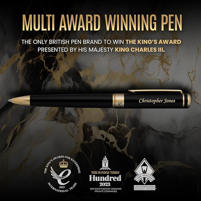 Scriveiner Personalized Black Ballpoint Pen - Stunning Luxury Pen, Jet Black Lacquer, Real Gold Plating, Schmidt Ink Refill, Best Engraved Ball Point Gift Set for Men & Women, Custom Name Engraving-DeskLoop Office