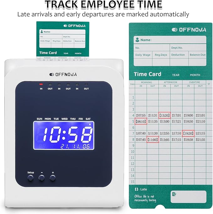 OFFNOVA Thermal Time Clock for Employees Small Business, No Ink Ribbons or Network Needed, in/Out Time Attendance Machine with 50 Time Cards-DeskLoop Office