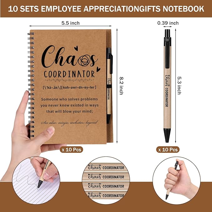Nezyo 10 Sets Chaos Coordinator Gifts Employee Appreciation Week Notebook with Ballpoint Pen Spiral Notebook Teacher Appreciation Gifts Bulk for Women Men Journals Thank You Cowerker (Brown)-DeskLoop Office