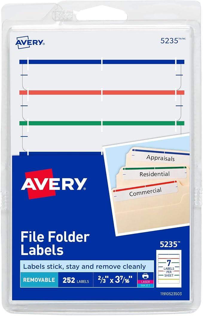 Avery File Folder Labels on 4" x 6" Sheets, Removable Adhesive, 2/3" x 3-7/16" by Avery