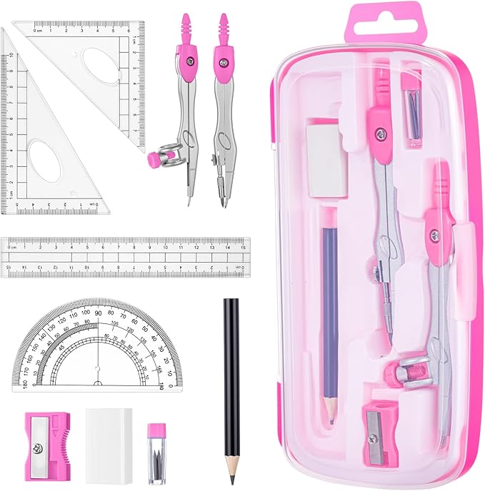 Zonon Math Geometry Set 10 Pcs Student Supplies with Shatterproof Storage Box, Includes Rulers Protractor Compass Pencil Sharpener Lead Refills Eraser Pencil for Drafting and Drawings(Pink)-DeskLoop Office