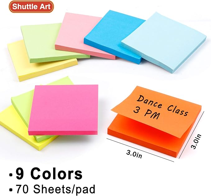 Sticky Notes, Shuttle Art 9 Bright Colors Stickies, 9 Pads 630 Sheets Total, 3x3 Inches Self-Stick Pads for Home, School, Office-DeskLoop Office
