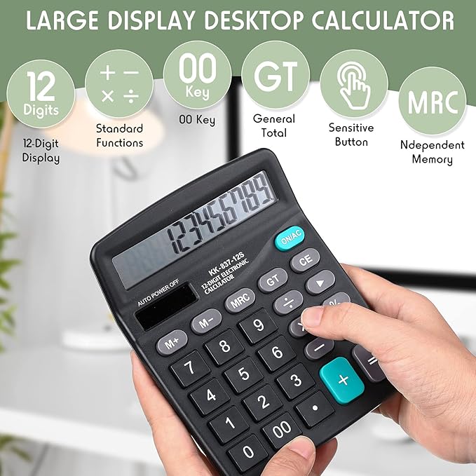 Konohan 8 Pieces 12-Digit Calculator, Solar Basic Desktop Calculator Large Display Electronic Dual Power Handheld for Home Office School(Black)-DeskLoop Office