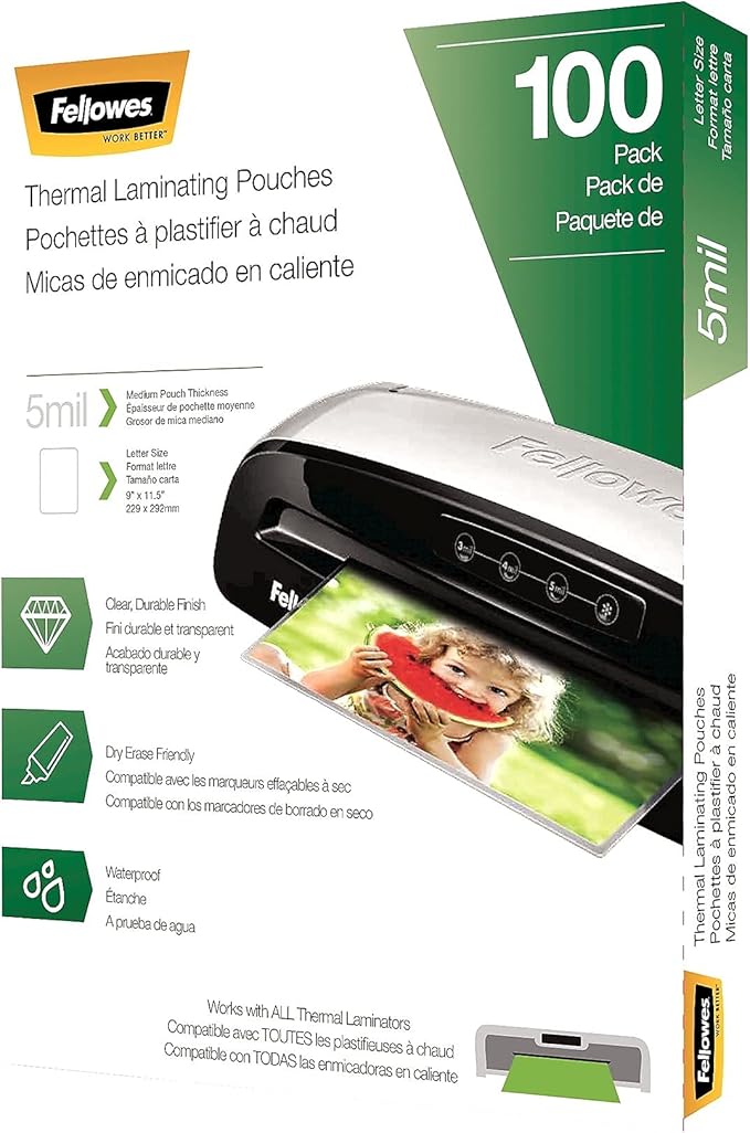 Fellowes Thermal Laminating Pouches, 5mil Letter Size Sheets, 9 x 11.5, 100 Pack, Clear (5743501)-DeskLoop Office