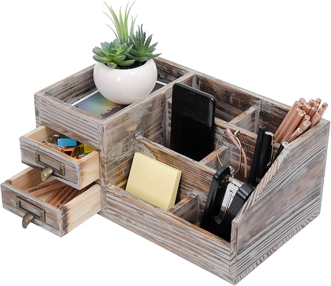 Liry Products Rustic Torched Wooden Desktop Organizer Dark Brown Tabletop by EXOLIRY