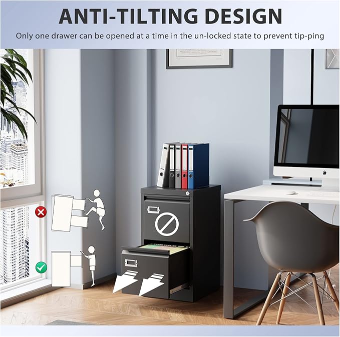 2 Drawer File Cabinet, Filing Cabinets for Home Office, Metal Vertical File Storage Cabinet with Lock, Locking File Cabinet for A4 Legal/Letter, 15.1" W x 17.7" D x 28.7" H, Assembly Required-DeskLoop Office
