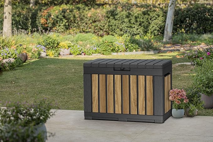 Keter Signature Collection 50 Gallon Resin Deck Box Organization and Storage Box for Patio Outdoor Cushions, Throw Pillows, Garden Tools and Pool Supplies, Oakridge-DeskLoop Office