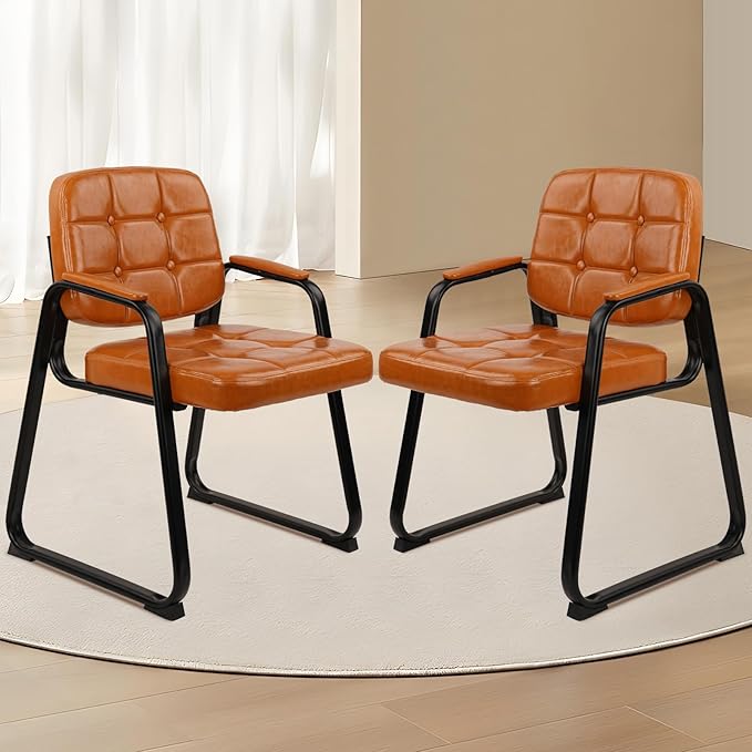 CLATINA Office Guest Chair, Leather Reception Chairs with Padded Arms, Desk Chair No Wheels Stationary for Conference Lobby Waiting Room Training Side Elderly, Set of 2-Orange-DeskLoop Office