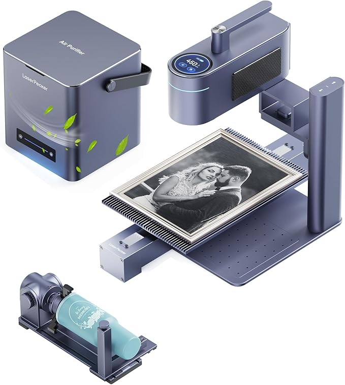 LaserPecker LP4 (Ultimate) with Desktop Air Purifier, Dual-Laser Engraver Cutter 160x300mm Workspace, Auto-Cleaning Smoke Fumes Engrave Tumblers Metal Wood Plastic Glass with Slide & Rotary Extensions-DeskLoop Office