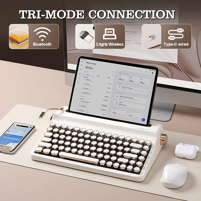 YUNZII QL75 Wireless Typewriter Hot Swap Retro Mechanical Keyboard,Punk Round Keycaps,RGB Backlit QMK/VIA Programmable, Multi-Device Keyboard with 2.4GHz/Type-C/BT5.0 (White, Cocoa Cream V2 Switch)-DeskLoop Office