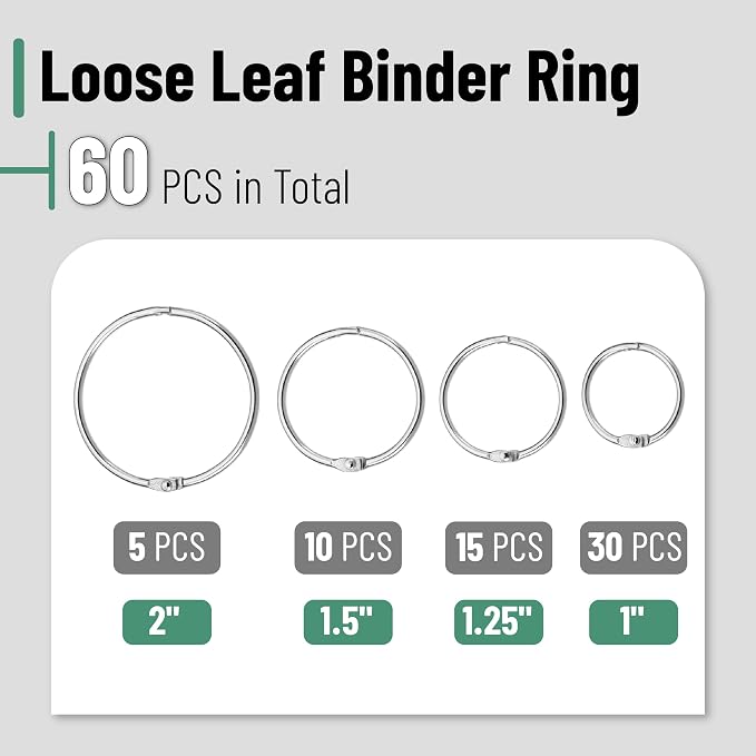 Mr. Pen- Loose Leaf Binder Ring, 60 Pack, 4 Sizes | Metal Loose Leaf Binder - Image 2