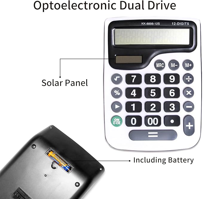 12 Digit Desktop Calculator with Large LCD Display and Sensitive Button, Dual Solar Power and Battery, Standard Function for Office (YE8898)-DeskLoop Office