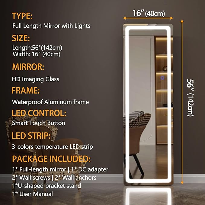 Hasipu Full Length Mirror with Lights, 56" x 16" LED Floor & Wall Mounted, Full Body Dressing Mirror for Bedroom, Living Room, Cloakroom – Round Black-DeskLoop Office