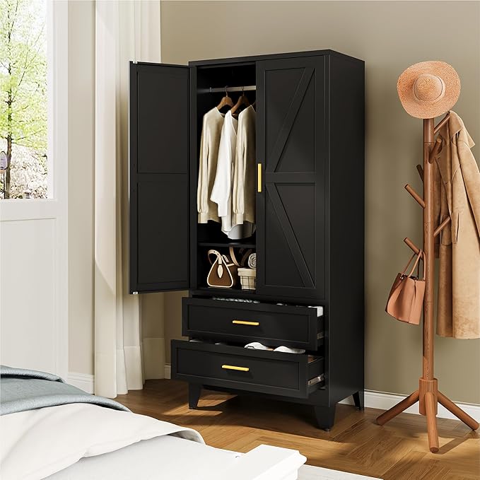 Farmhouse Wardrobe Cabinet with 2 Drawers,Metal Wardrobe Closet with Hanging Rod,Metal Armoire with Adjustable Shelves for Bedroom,Living Room, Cloak Room,Office (Blakc)-DeskLoop Office