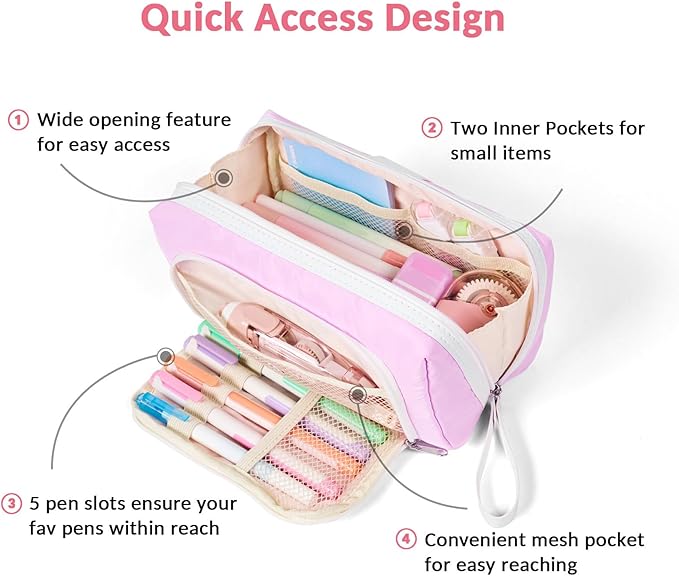 Sooez Big Capacity Pencil Case, Extra Large Pencil Pouch with Zipper Pocket, Wide Opening Pencil Bag, Portable Stationery Organizer, Cute Aesthetic School Office Supplies for Teens Girls Adults, Pink-DeskLoop Office