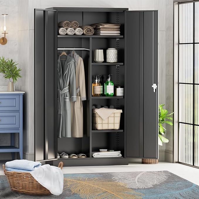 Greenvelly Metal Storage Wardrobe Cabinet with Doors, Black 72” Steel Wardrobe Closet, Employees Locker Closet Clothing Coat Steel Wardrobe Cabinet with Hanging Rod for Home Office Room School-DeskLoop Office