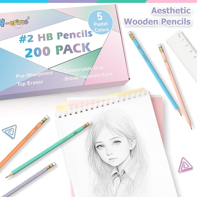 V-Opitos 200 Pack #2 HB Pencils, Bulk Wood-Cased Pre-Sharpened Pastel Color - Image 2