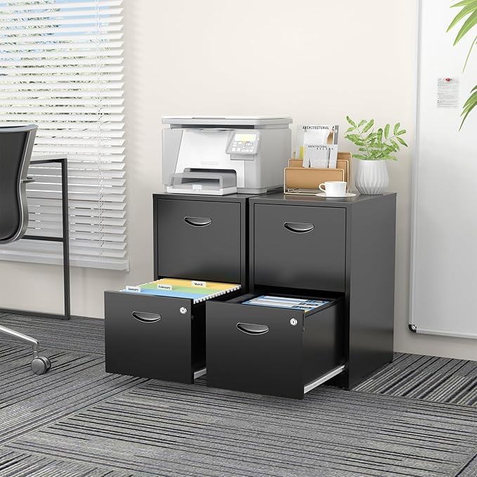2 Drawer File Cabinets,Metal Office File Cabinet with Lock,Black Filing Cabinets for Home Office,Vertical Modern File Cabinet Office Two Drawers for Hanging Letter,Assembly Required