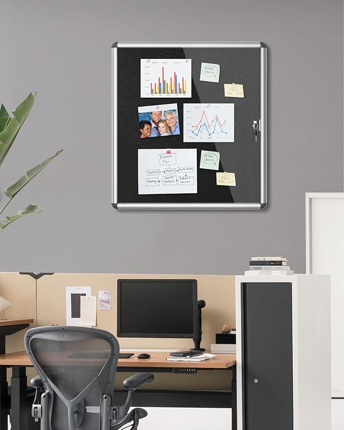 28"x26" Enclosed Bulletin Board, Lockable Weather-Resistant Aluminum Cork Noticeboard for School & Office, Silver Frame w/Black Flet-DeskLoop Office
