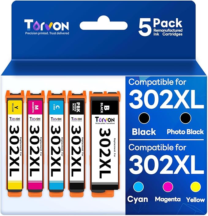 Remanufactured Ink Cartridge Replacement for Epson 302XL Ink Cartridges Multipack 302 XL T302 T302XL Compatible with Epson XP-6100 XP6100 XP-6000 XP6000 Printer(5 Pack, PBK/BK/C/M/Y)-DeskLoop Office