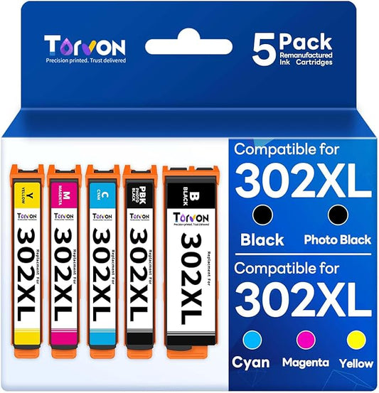 Remanufactured Ink Cartridge Replacement for Epson 302XL Ink Cartridges Multipack 302 XL T302 T302XL Compatible with Epson XP-6100 XP6100 XP-6000 XP6000 Printer(5 Pack, PBK/BK/C/M/Y)-DeskLoop Office