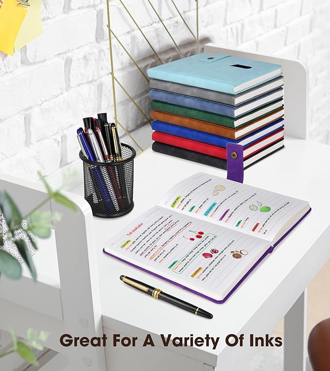 Purple A5 Lined Leather Journal Notebook for Men Women,5.9" X 8.4" Personalized Hardcover Journal with Pen,200 Pages 100 Gsm Thick Ruled Paper Daily Diary for Travel,Business,Work,Writing-DeskLoop Office