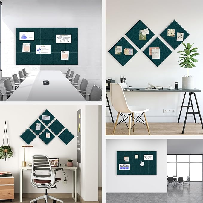 Large Cork Board for Office Wall Decor,48"x36"-12 Pack Felt Wall Tiles with Safe Removable Adhesive Tabs, 1/2" Thick, Felt Bulletin Board Pin Board Cork Boards for Walls - Dark Green-DeskLoop Office