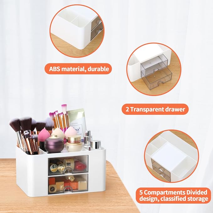 Desk Organizer with 2 Drawer, Plastic Desktop Pen Pencil Card Holder Storage Box - Image 6