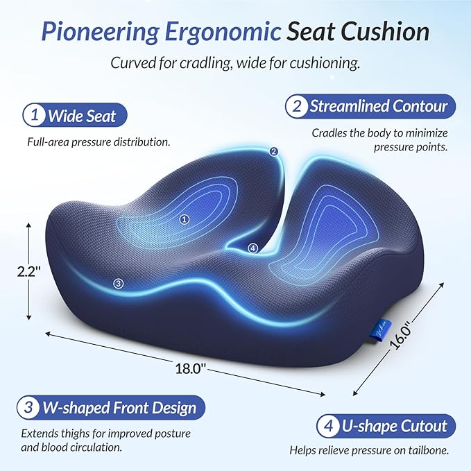 ZIKEE Pioneering Seat Cushion for Pressure Relief, Ergonomic Office Chair Cushion for Sciatica, Back, Hemorrhoids & Tailbone Pain Relief, High-Density Memory Foam Car Seat Cushion with Anti-Slip Base-DeskLoop Office