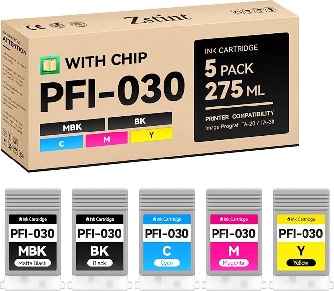 PFI-030 Pigment Ink Tank Kit 5-Pack 55ml High Capacity Replacement for Canon PFI-030 PFI030 Ink Cartridges Compatible for Canon imagePROGRAF TA-20 TA-30 TM-240 TM-340 Printer Black Cyan Yellow Magenta-DeskLoop Office