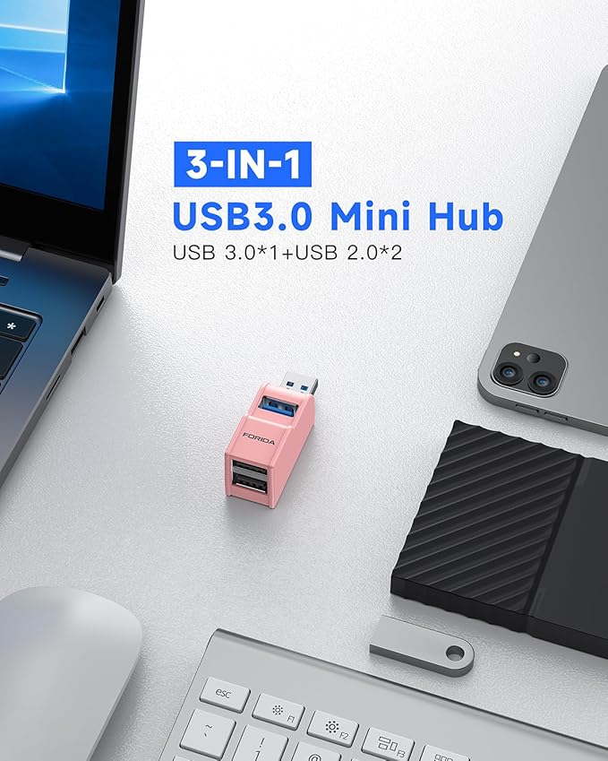 3 Ports USB 3.0 Adapter, USB Hub with 1 USB 3.0 and 2 USB 2.0 Port, Portable USB Port Splitter for Keyborad, Mobile Hard Disk, U Disk, Camera, Mouse,etc (Pink)-DeskLoop Office