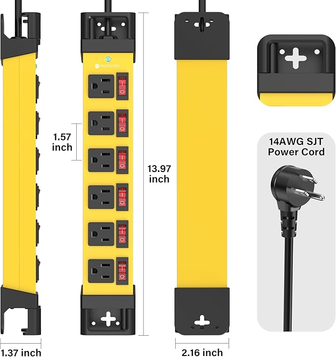 Heavy Duty Power Strip - 6 Outlet Power Strip with 6 Individual Switches Cord Manager Surge Protector 1200J Home Office Garage Industrial Workshop-DeskLoop Office