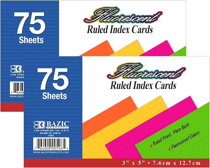BAZIC Products Fluorescent Ruled Index Cards, 3 x 5 in, 75 Ct, Whole card is by BAZICProducts