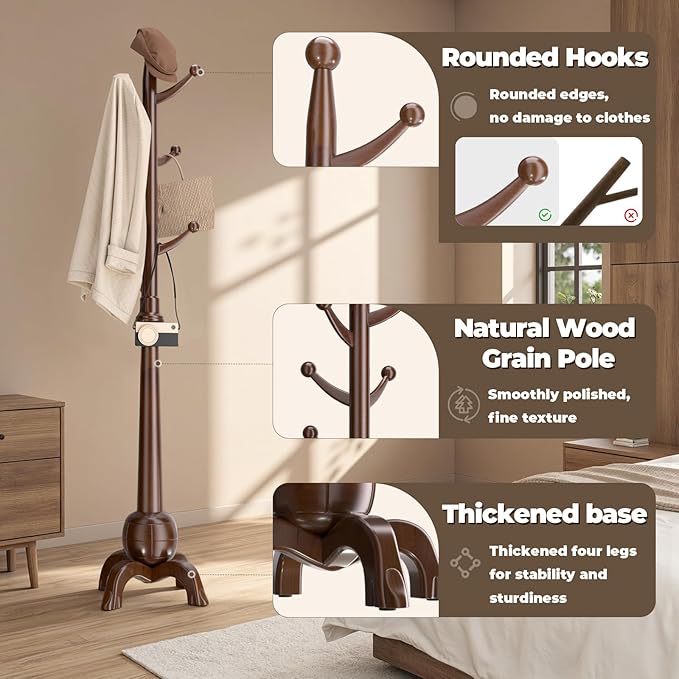 Wood Coat Rack Freestanding, Solid Wooden Hall Tree with 8 Hooks, Coat Tree Freestanding Heavy Duty with Stable Base, Entryway Hallway Bedroom Office Use, 240lbs Load Capacity H:71.6in (Black-Red)-DeskLoop Office