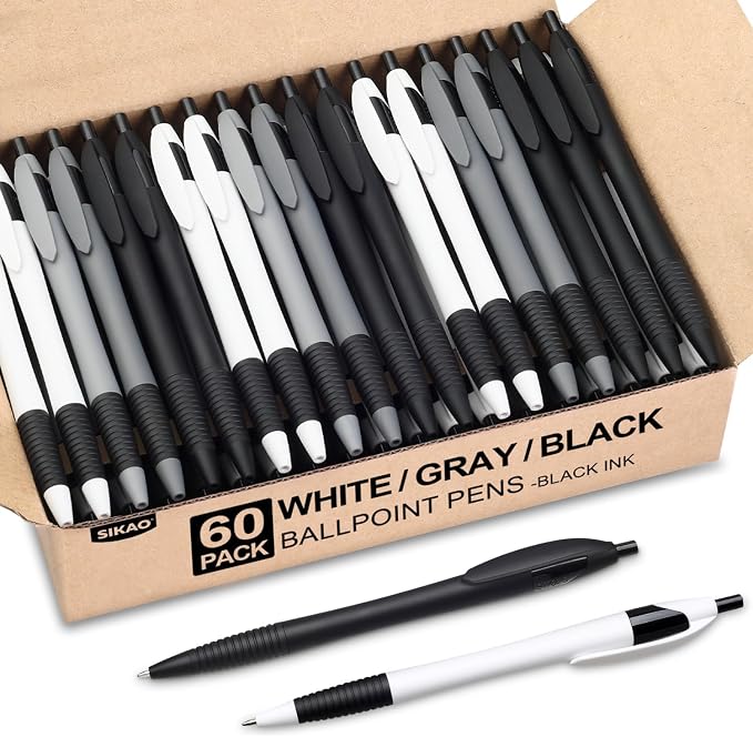 Pens Bulk, 60 Pack Gripped Slimster Ballpoint Pens -White, MODERN MINIMAL STYLE by Sikao
